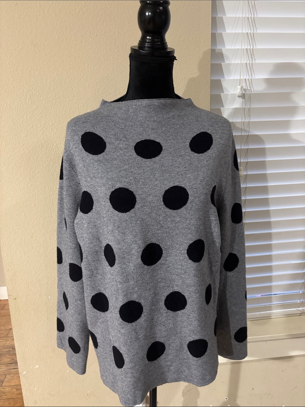 Gray Crewneck Polka Dot Sweater - Black Dot Knit Pullover